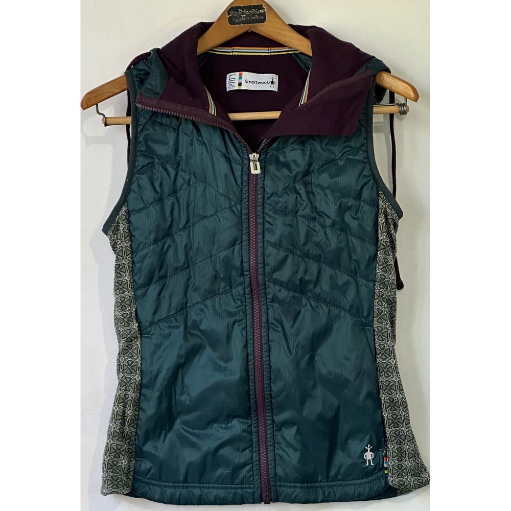 Smartwool Quilted Hooded Vest Hybrid Wool Blend Women Small Teal Plum